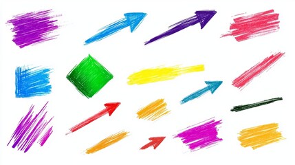 A colorful vector set of abstract arrow brush line strokes Includes kidlike painted squares spirals and handdrawn arrows in a crayon or chalk style with grunge aesthetics