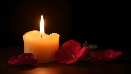 Romantic Candle In style of Realistic Photography For Background Use with Rose Petal and Heart-Shaped Decorative Piece