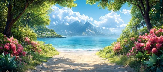 Tropical beach path, sunny day, mountain view, calm ocean