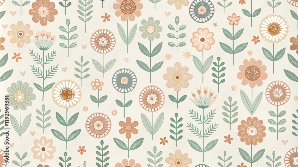 Poster A charming seamless pattern featuring an array of stylized floral elements in a palette of soft earth tones and muted greens.