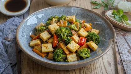 Deliciously seasoned tofu and vegetable stir-fry in a pan.
