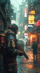 Cyberpunk Rainy Night: Soldier in Neon-Lit Alley