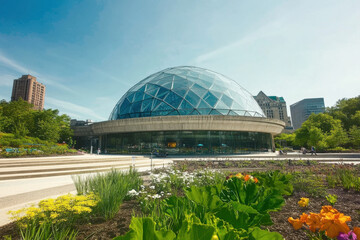 A large glass dome building with a green garden in front of it