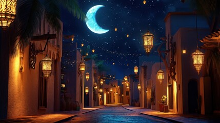 A serene night scene with glowing lanterns adorning a quiet street under a crescent moon