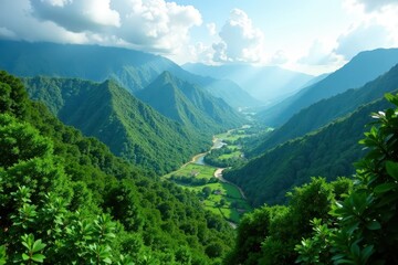 Fototapeta premium Emerald green Thai mountain forest panorama, stunning vista , scenery, adventure, hills