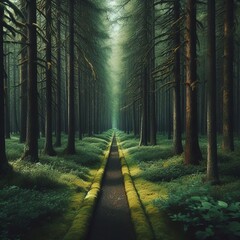 Obraz premium Forest Path Two parallel lines in dark green narrowing toward th