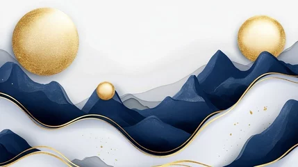 Fototapeten Blue mountain and golden line art background vector Luxurious orientalinspired landscape design with watercolor textures and gold accents for wall art and prints © Khalida