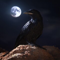 Fototapeta premium Nocturnal raven observing the moonlit landscape nature shadowy environment mystical viewpoint