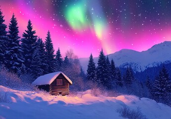 A beautiful winter landscape with snow-covered trees, a small wooden house and the colorful northern lights in starring pink sky.