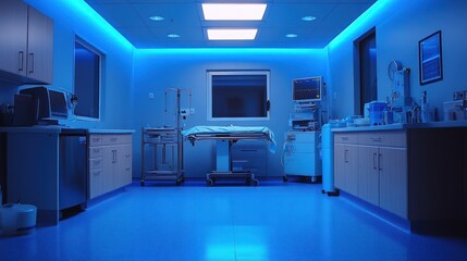 Fototapeta premium Empty modern veterinary examination room with blue lighting, medical equipment, and stainless steel cabinets.