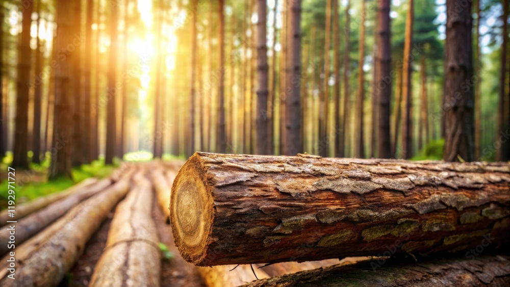 Poster sunlit forest logging a close-up of a freshly cut log in a pine forest