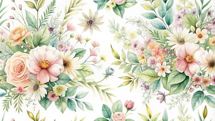Elegant Watercolor Floral Pattern Featuring Delicate Blooms and Lush Greenery
