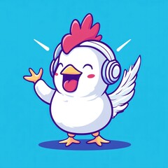 Happy Chicken Wearing Headphones, Listening To Music, Blue Background; Mascot