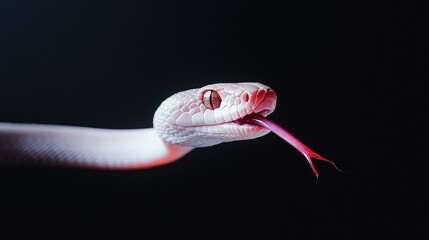 Fototapeta premium Close-up of a white snake flicking its pink tongue with detailed view of its texture and colors