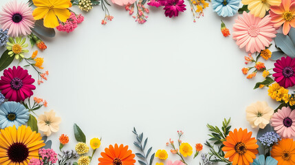 Fototapeta premium Template with Colorful Flowers Around White Paper with Space for Text