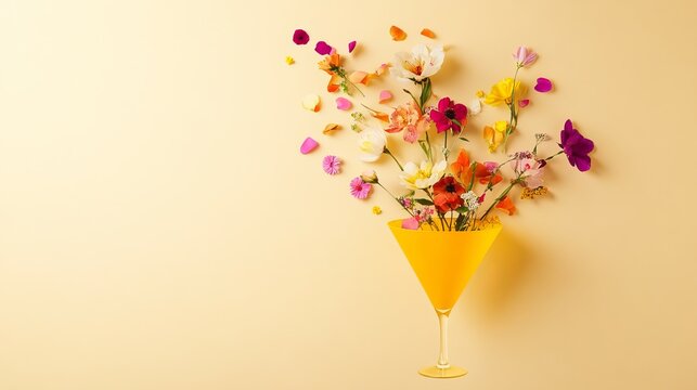 Creative summerthemed concept with various spring flowers and petals falling into a yellow funnel placed against a beige background