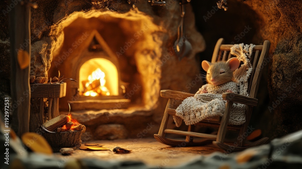 Poster cozy mouse resting in a rocking chair by the warm fireplace in a rustic setting during autumn. gener