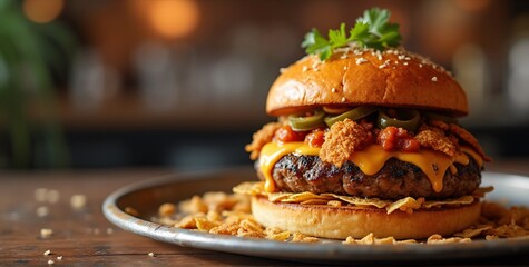 Spicy nacho burger with bold layers served on a steel tray. Great for casual bar ads, snack campaigns, and spicy food promotions.