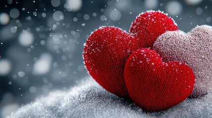 Fototapeta premium Three textured hearts in red and pink sit on a snowy surface, with gentle snowfall creating a romantic winter atmosphere.