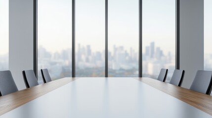 Fototapeta premium Large empty meeting table in a modern office overlooking the city