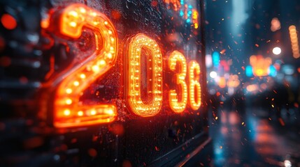Neon 2038 Sign with Festive Confetti. Generative AI
