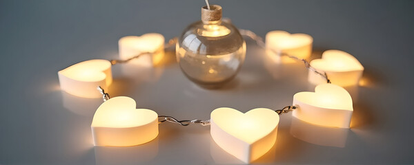 Heart-Shaped Lights In style of High-resolution realistic photograph For Background use arranged in circular shape around glass ornament
