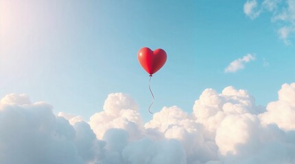 Obraz premium Heart shaped red helium balloon floats among fluffy clouds in blue sky
