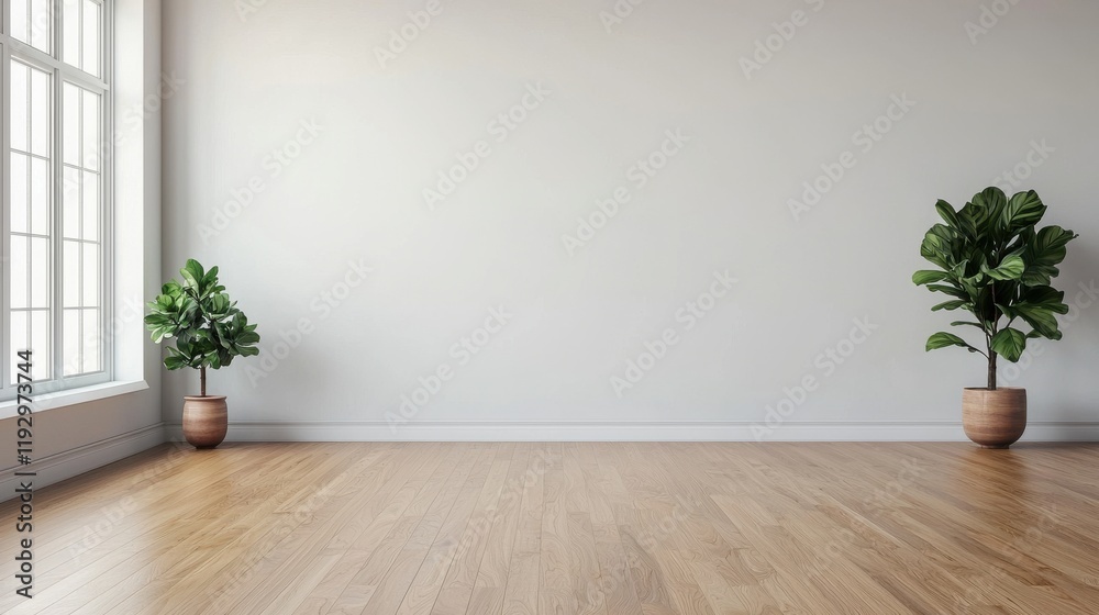 Poster Empty modern office with plants showing minimalist layout and flexible workspace