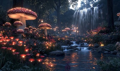 Enchanted forest stream, glowing mushrooms, waterfall background; fantasy art