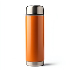 A sleek, orange thermos with a stainless steel lid, perfect for keeping beverages hot or cold on the go.