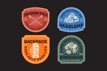 trekking poles, backpack, headlamp, binoculars, telescopic hiking poles, carrier bag, glasses, flashlight retro badge logo vector design collection set for adventure, explorer, mountaineer and hiker © salzcreative