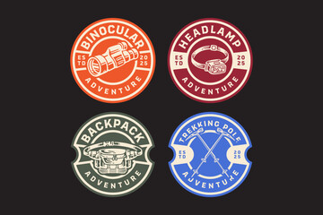 hiking poles, waist bag with safety tools, binoculars, headlamp, trekking poles, backpack, flashlight retro badge logo vector design collection set for adventure, explorer, mountaineer and hiker © salzcreative