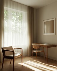 Fototapeta premium Elegant minimalist desktop workspace with subtle natural light cozy home office modern design inviting environment