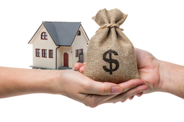 Loans for real estate concept. Hand with bag giving money to another house hand isolated on white background.PNG
