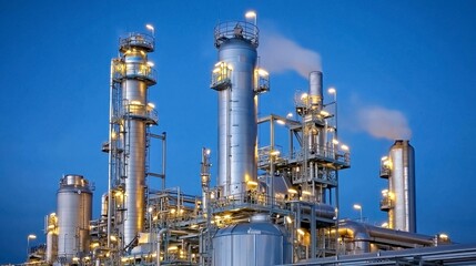 Fototapeta premium Industrial Oil Refinery at Night with Illuminated Towers and Smokestacks, Representing Energy Production in a Modern Urban Environment