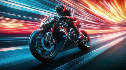 Obraz premium Futuristic motorbike rider speeding through vibrant light trails.