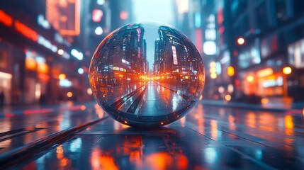 Futuristic Metallic Sphere Reflecting a High-Tech Cityscape. Generative AI