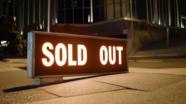 Brightly Lit "Sold Out" Sign on Sidewalk at Night in Urban Environment, Highlighting Limited Availability of Products or Services, Attention-Grabbing Display