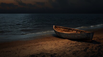An abandoned wooden boat resting on a sandy beach at dusk, reflecting the serene waves and soft colors of twilight.
