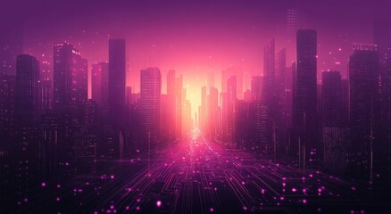Fototapeta premium Digital Cityscape at Dawn with Vibrant Color Gradient and Technological Elements, Illuminating Urban Landscape in Futuristic Style