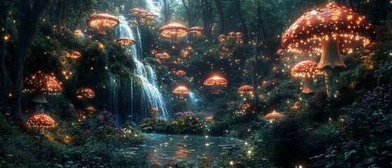 Obraz premium Enchanting waterfall, glowing mushrooms, fantasy forest (1)
