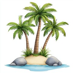 Three palm trees are on a rocky island with a body of water in the background