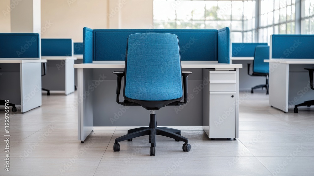Aufkleber modern office workspace with blue chairs and desks showing a new open space environment