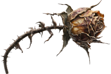 Dried Thorny Rose Stem with Wilted Flower Isolated on White Background – Perfect for Gothic, Dark Aesthetic, and Nature Concepts

