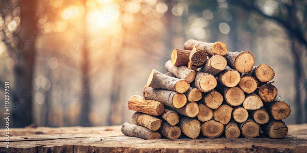 Poster a neatly stacked pile of firewood rests on a rustic wooden surface, bathed in the warm glow of the s