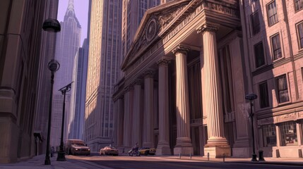 A city street scene featuring tall buildings and classic architecture in a vibrant urban setting.