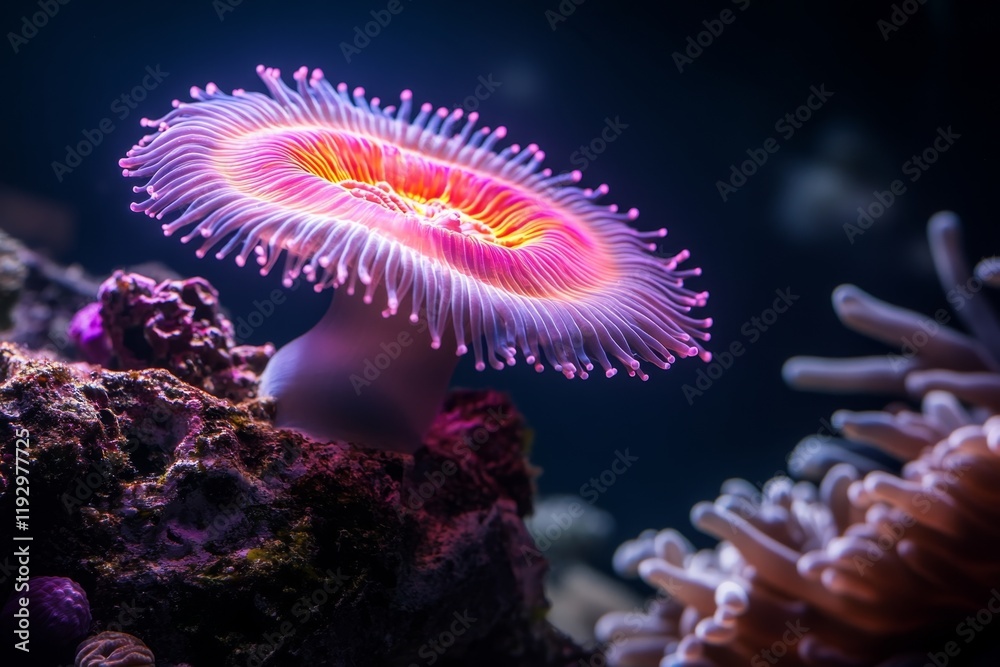 Poster a 3d-rendered isolated coral polyp glowing under uv light, with intricate fluorescent patterns and v