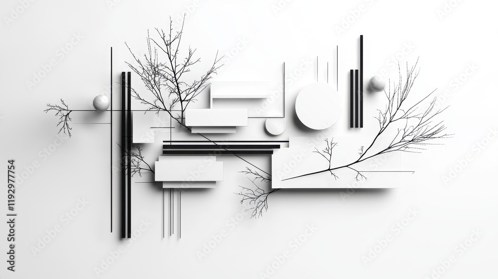 Poster clean and sharp geometric composition with lines and borders featuring organic elements