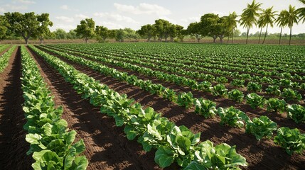 Lush green vegetable field under a clear sky, with rows of healthy crops and palm trees in the background.