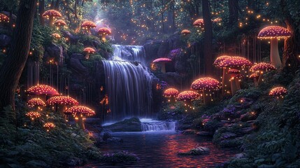Fototapeta premium Enchanted forest waterfall, glowing mushrooms, fairies, fantasy background, ideal for fairytale books